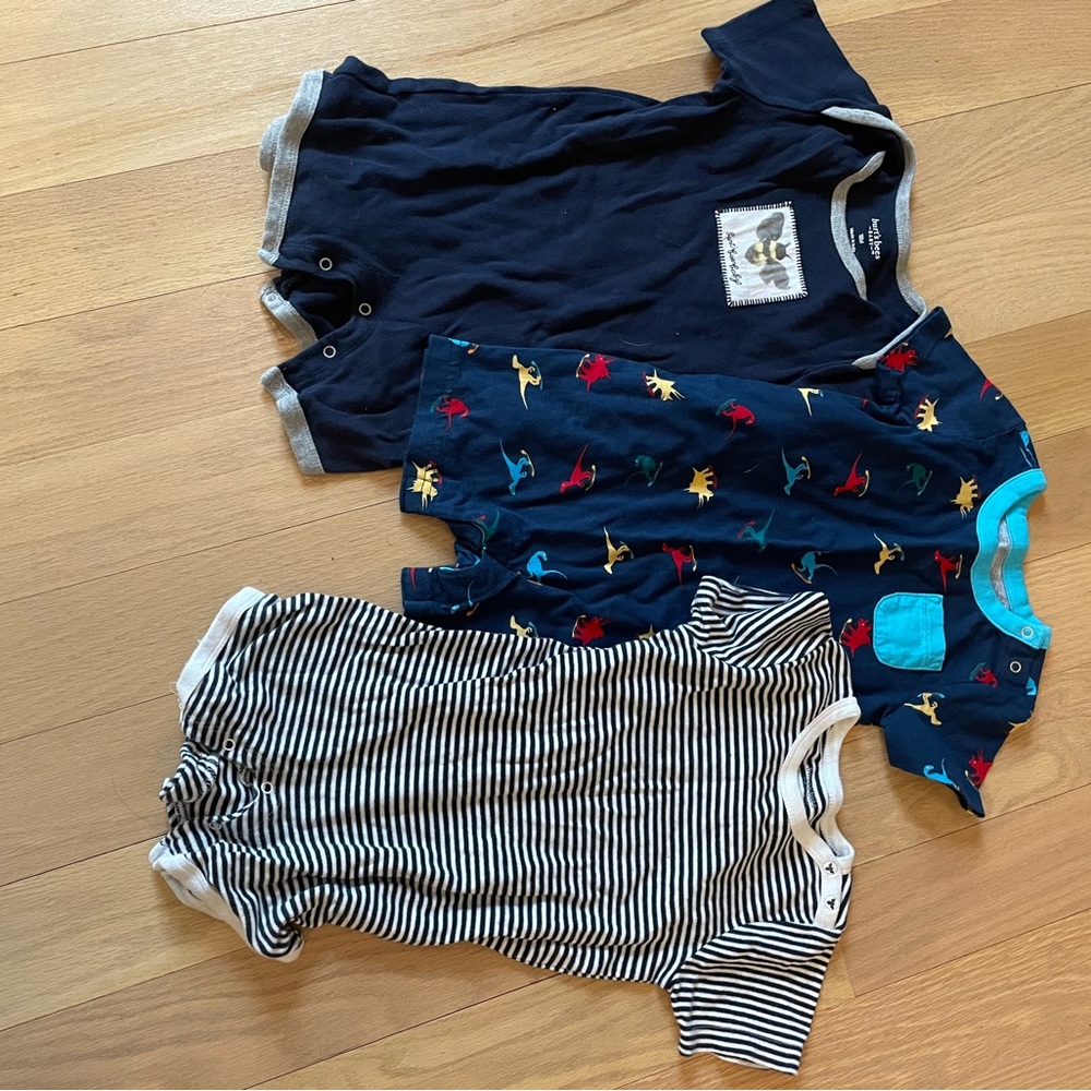 Burt's Bees Baby Navy, Stripe & Multicolor Dinosaur Three-Piece One-Piece Set